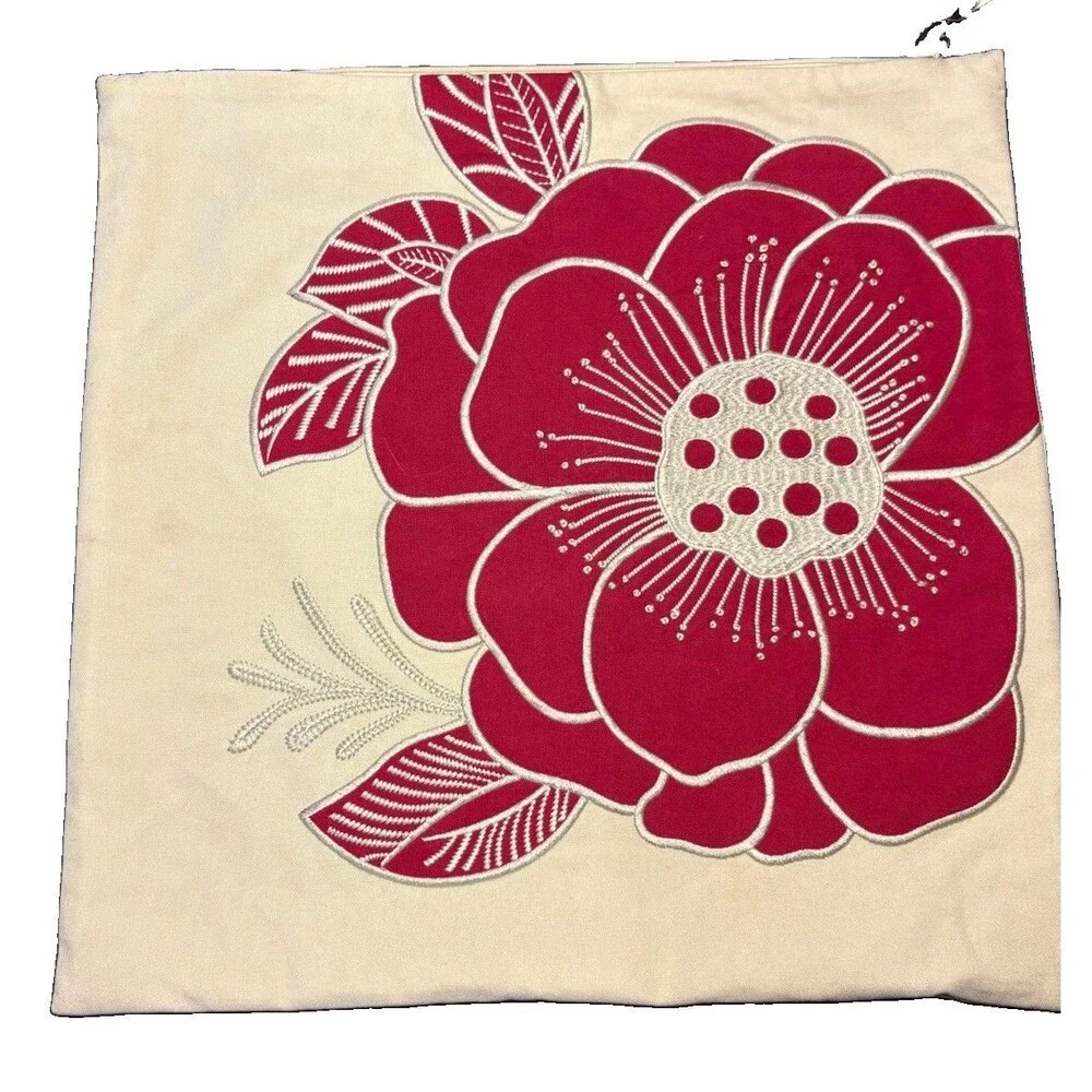 Pottery Barn Rosa Red Floral Embroidered Pillow 18x18 Cotton Cover Down Insert⁠